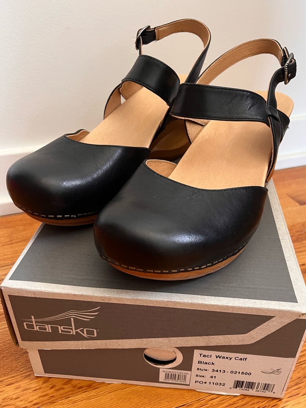 Dansko Black Leather Mary Jane Slingback Clogs with Buckle Strap